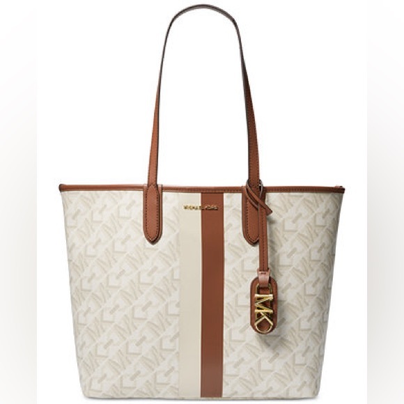 Michael Kors Empire Logo Eliza Large East West Open Tote bag Brown and Cream NWT - Picture 3 of 13